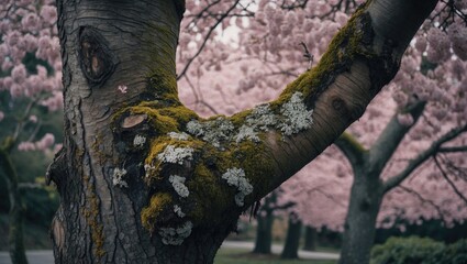 Close-up of a tree trunk with moss and lichen, surrounded by blooming cherry blossom trees in the background during spring.