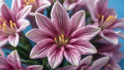 Obraz premium Close-up of pink and white lilies with yellow stamens, detailed floral image.