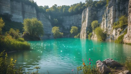 A river flowing through a canyon with cliffs and lush greenery, featuring clear blue water and bright sunlight. Nature landscape with trees and rocky formations.