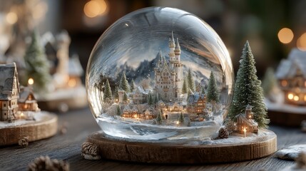 Snowflake glass ball on solid wood table with miniature castles, snowy mountains, tall pine trees inside, capturing a festive Christmas Day winter scene full of holiday spirit and seasonal charm.