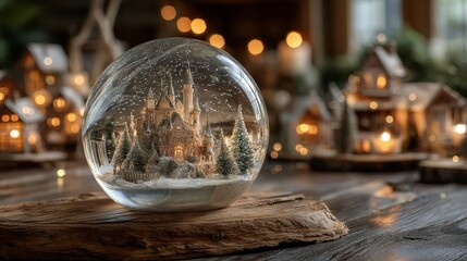 Snowflake glass ball on solid wood table with miniature castles, snowy mountains, tall pine trees inside, capturing a festive Christmas Day winter scene full of holiday spirit and seasonal charm.
