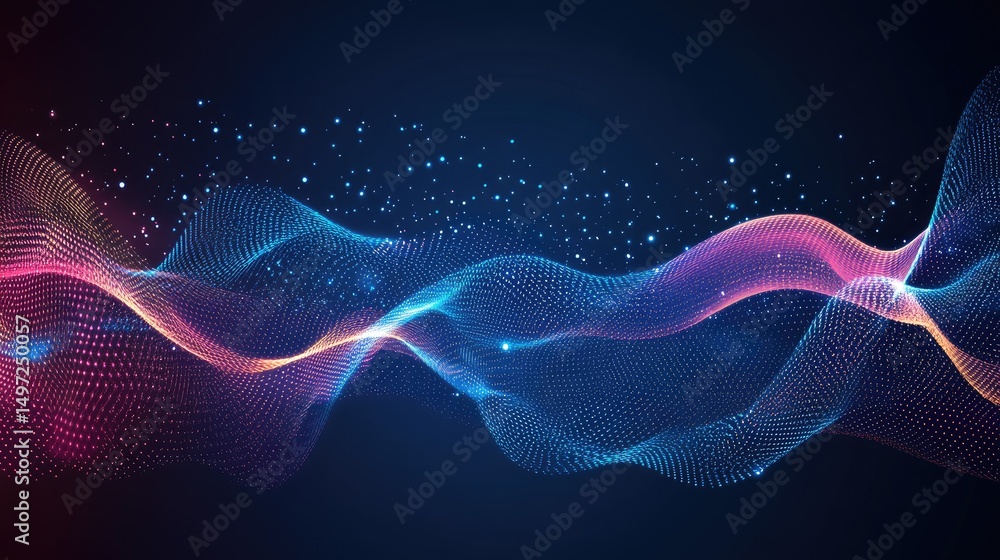 Poster vibrant tech theme with curved neon lines and floating particles in a dark environment