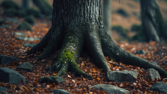 A tree with exposed roots on forest floor with fallen leaves and rocks.