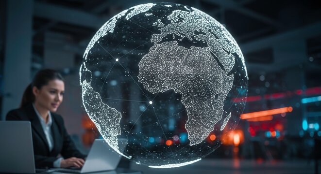 Global Businesswoman Working on Laptop with Holographic Earth