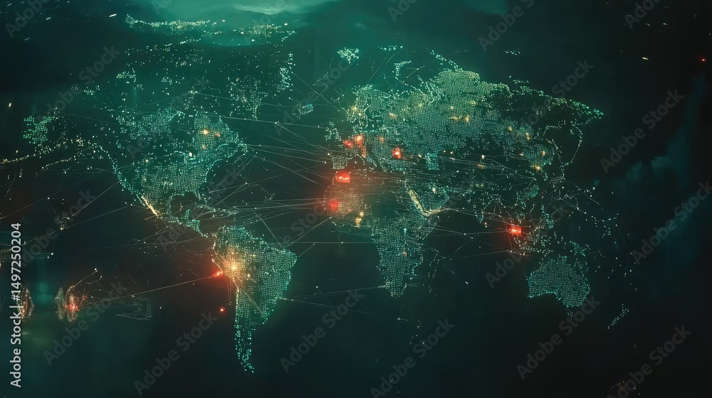 Poster world map overlaid with glowing data lines and connection nodes representing global networking