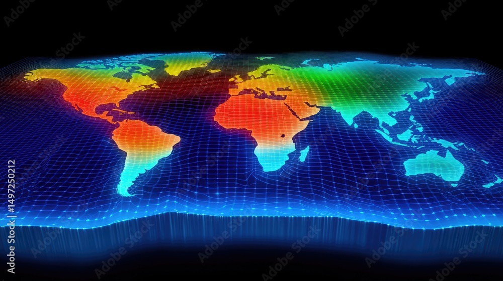 Poster world map overlaid with glowing data lines and connection nodes representing global networking