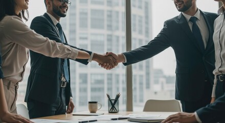 Businesspeople shaking hands successful deal modern office partnership agreement collaboration