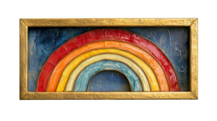 Colorful rainbow artwork with vibrant hues and textured finish, framed in gold, evoking joy and positivity in home decor
