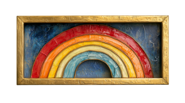 Colorful rainbow artwork with vibrant hues and textured finish, framed in gold, evoking joy and positivity in home decor