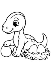 Fototapeta premium Cute baby dinosaur in black and white vector style on white background. Perfect for engraving, print, logo, and creative illustration projects