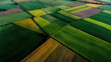 Fragmented patchwork farmland showcases varied growth stages under warm evening light in an aerial view captured with soft textures and rich earth tones