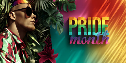 abstract composition with pride month colorful word over wall & tropical leaves background; young man profile