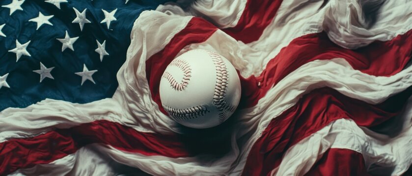 A white baseball sits amidst an undulating American flag backdrop