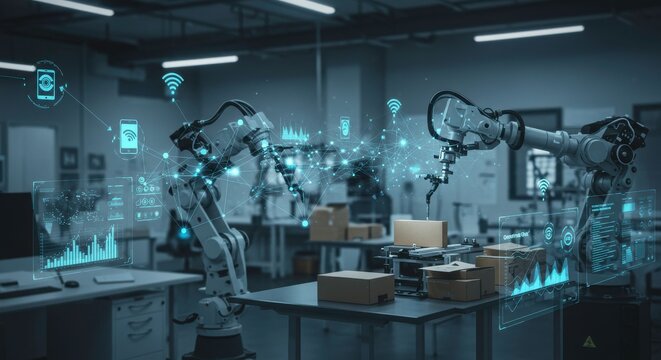 Automated Robotic System in Smart Factory AI Powered Manufacturing Process Industry 4 0