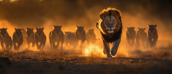 A regal lion leads a group of lions through a dimly lit, dusty landscape, illustrating leadership and dominance