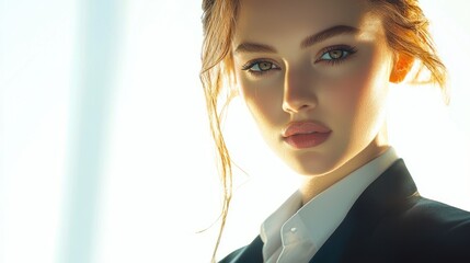 Stunning Portrait of a Young Woman with Blonde Hair,  Captivating Gaze, and Radiant Beauty, Highlighting the Elegance and Confidence of Modern Womanhood.