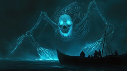 A skeletal sea creature with glowing blue ribs rises silently beside the boat, its ghostly visage filling the frame. 1-2 sailors on the deck, visible from behind, lean forward,