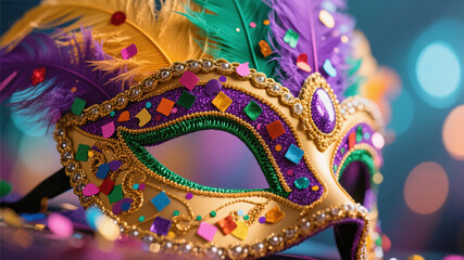 Fototapeta premium Close-up of intricate handmade Mardi Gras mask with beads and confetti trapped in colorful feathers