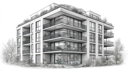 Fototapeta premium Architectural Sketch: Modern Apartment Building Design