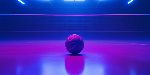 A neon lit volleyball resting on a court with purple and blue hues
