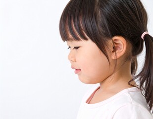 横顔で泣き出しそうな幼い女の子のポートレート（白背景）