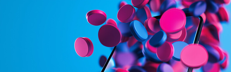 Abstract 3d rendering of colorful floating circles with a smartphone on a blue background
