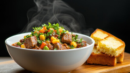 Steaming bowl of hearty stew with vegetables and tender meat, served with slice of golden bread, evokes warmth and comfort