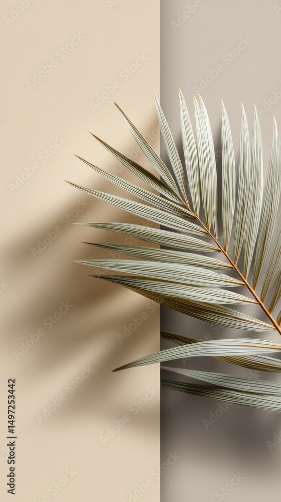 Aufkleber A palm leaf rests against a beige minimal background, creating an elegant and serene atmosphere. The shadows cast by the leaf add depth to the simple yet sophisticated composition.