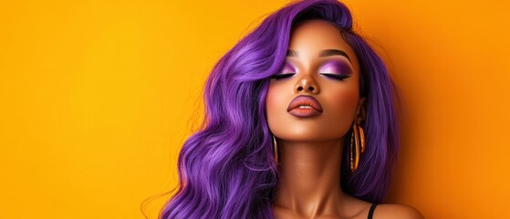 Obraz premium A creative portrait showcasing a young woman with vibrant purple hair and stylish makeup, exuding confidence against an eye-catching orange monotone background