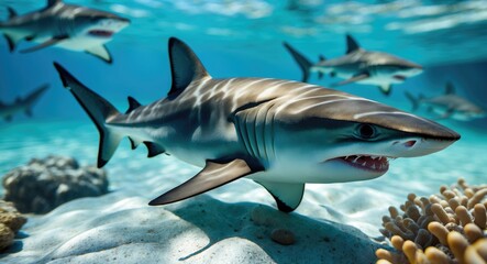Obraz premium A shark swimming near the ocean floor with other sharks in the background. Marine life and ocean ecosystem. Predatory fish and underwater environment. The concept of marine biology.