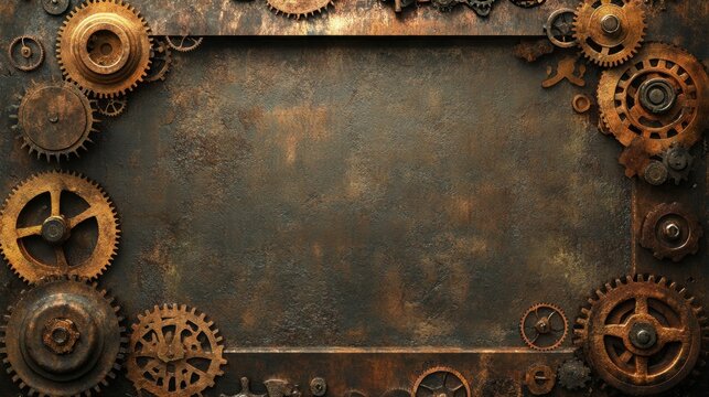 A detailed rusty metal steampunk frame with gears and industrial elements, perfect for a grunge background