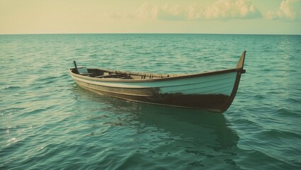 Fototapeta premium An empty boat floating on the ocean surface, with calm waters and a distant horizon.