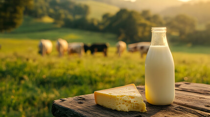 Bottle of milk and piece of cheese on wooden table against background of grazing cows on green farm on sunny day &mdash; concept of natural farm products