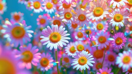 Colorful daisies in bloom with vibrant pink, white, and yellow petals against a bright blue background.