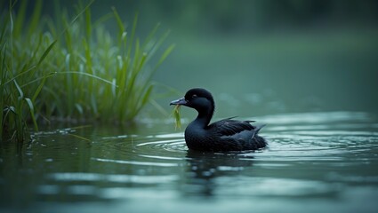 Obraz premium A duck on water near grassy reeds with a fish in its beak. Nature and wildlife scene. Freshwater habitat and bird behavior. The scene of a duck catching fish in its beak.