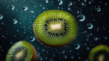 Fresh kiwi slices submerged in water with bubbles, showcasing vibrant green flesh and tiny seeds. Refreshing fruit in an aquatic setting.