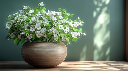 Lush green foliage with delicate white flowers in stylish round pot, home decor element 