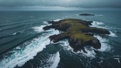 Aerial view of a rugged island in the ocean with waves crashing against the coast under cloudy skies. Coastal landscape and seascape. Nature and wilderness.