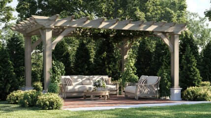 72. 3D modeling of a pergola with elegant seating arrangements under a shaded gazebo, highlighting outdoor architectural design and comfort