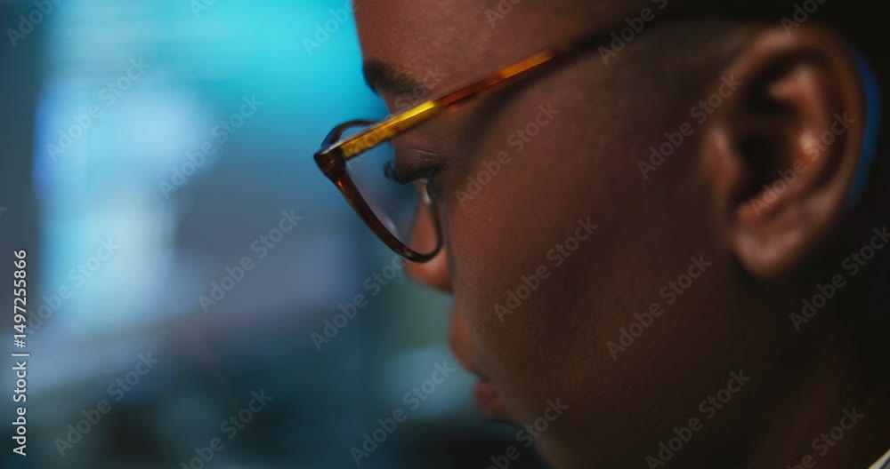 Poster serious, hacker and woman with glasses, night and programming of cybercrime, online and fraud in off