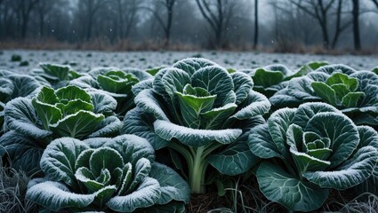 Obraz premium Frosty green cabbage plants growing in a field with a backdrop of leafless trees and a misty sky.