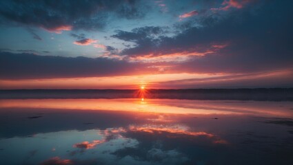 Sunset over a calm lake with reflections of the sky and clouds on the water surface.