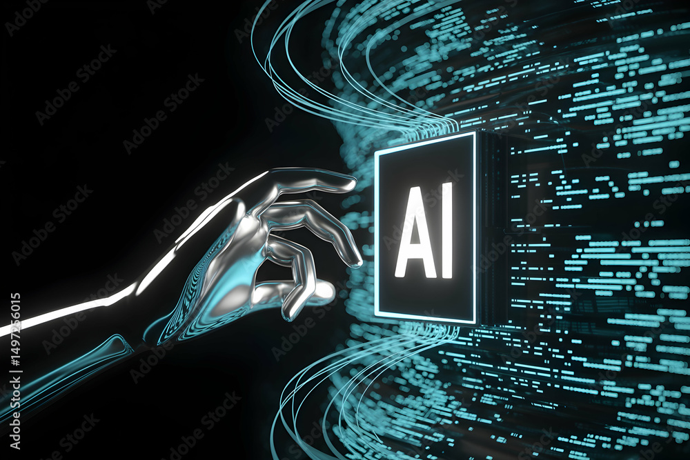 Poster robotic hand interacting with ai code and data