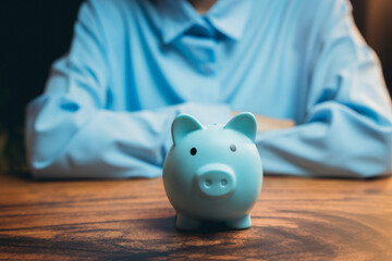 Person in Blue Shirt Sitting Behind a Light Blue Piggy Bank on a Wooden Table in a Warm Environment