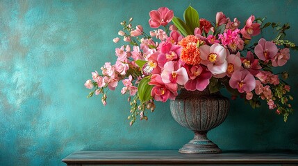 Luxurious still life with exotic flowers in vintage urn against teal background 