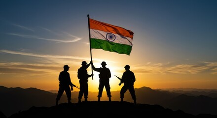 Soldiers Standing with Indian Flag During Sunset in Mountainous Landscape