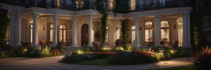 Fototapeta premium Grand home, vibrant interior lights, manicured gardens, beautiful, lights, pathway