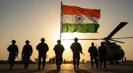 Soldiers Raising the Indian Flag During Military Ceremony at Sunset