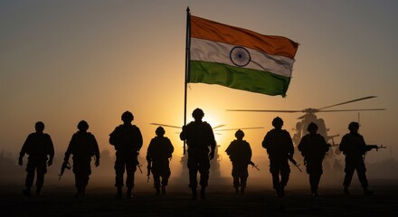 Indian Soldiers Marching with Flag during Sunset Military Parade