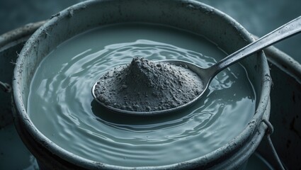 Fototapeta premium Photograph of a bucket filled with dark grey powder and water with a metal spoon.